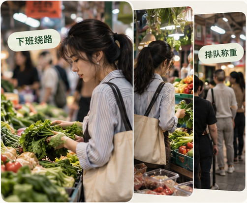 下班后在菜市场挑选新鲜蔬菜并排队称重