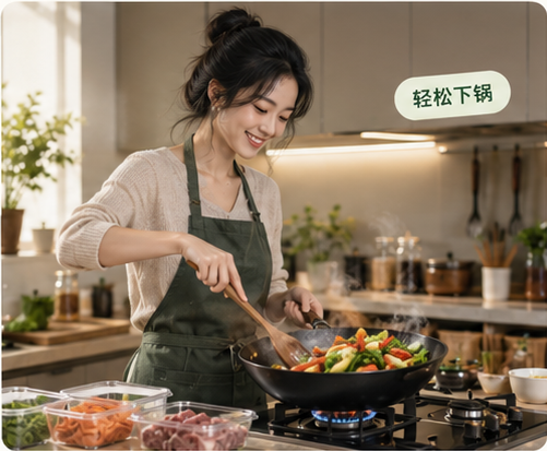 食材准备完成后,在厨房轻松炒一盘家常菜