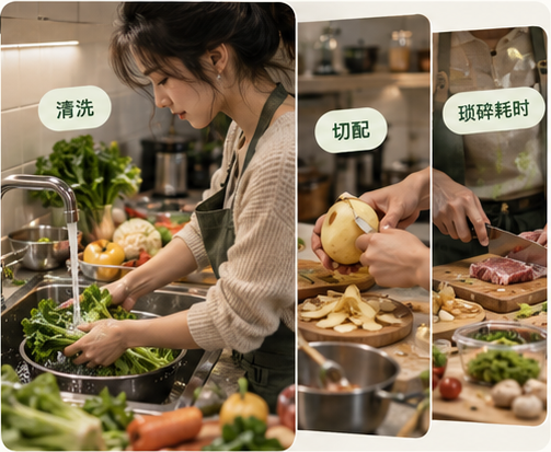 清洗蔬菜、给土豆去皮并按做法切配食材