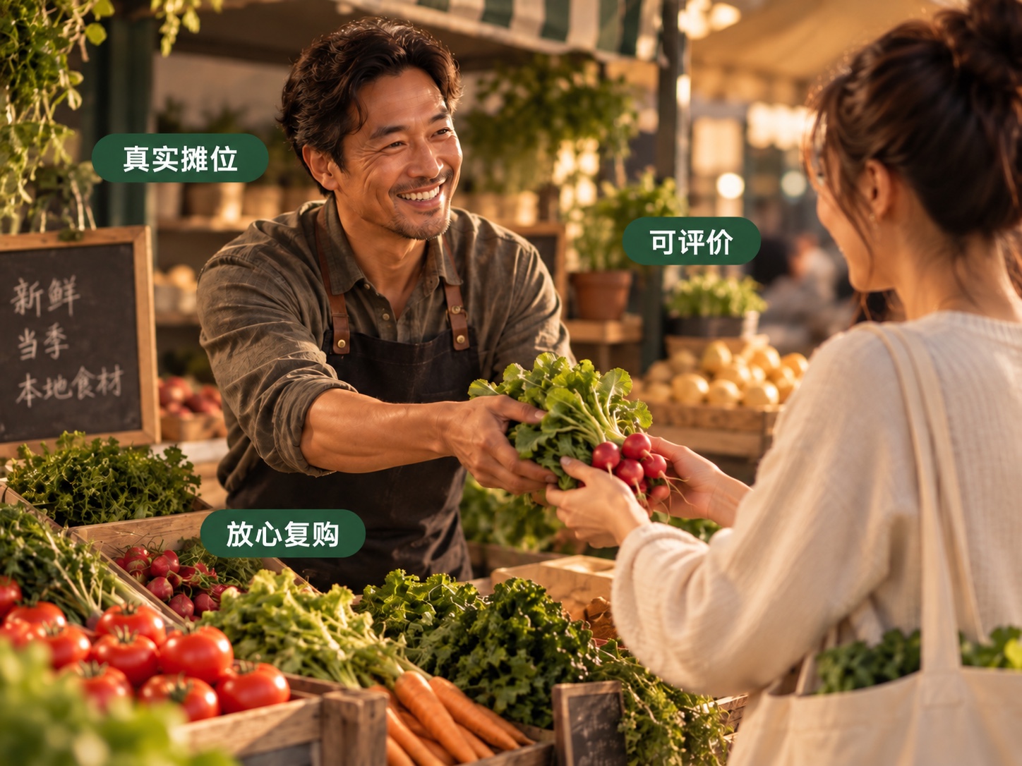消费者向真实菜市场摊主购买蔬菜